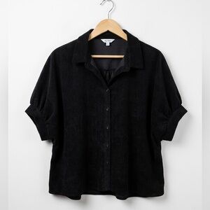 Day + Moon Flowy Black Boxy Oversized Corduroy Button-Front Drop Sleeve Top NWOT